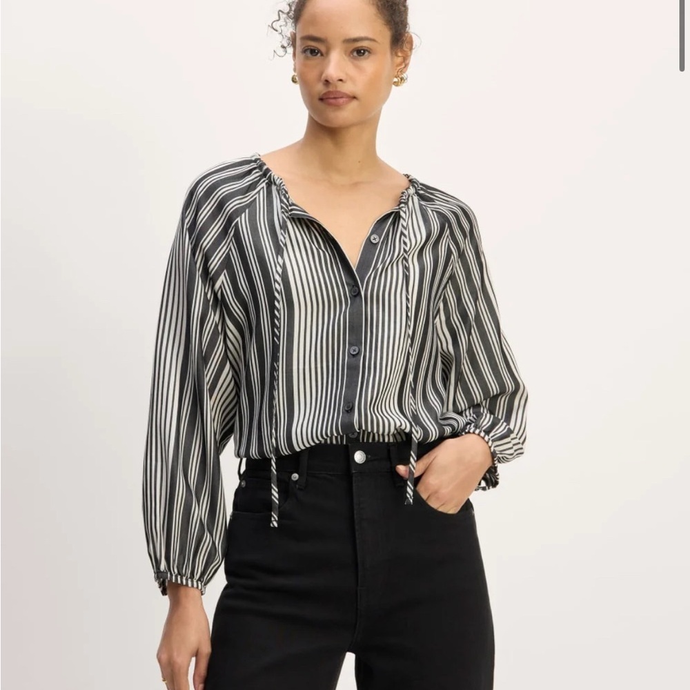 NWT Everlane the TENCEL Gathered Shirt Black and Bone Striped Women's Top XXL